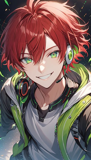 solo, looking at viewer, smile, open mouth, 1boy, green eyes, jacket, male focus, red hair, headset