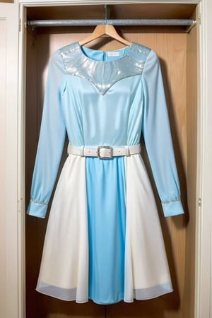 light half light white and half light blue dress with glitter and white belt, long sleeve, the dress Hanging in the closet