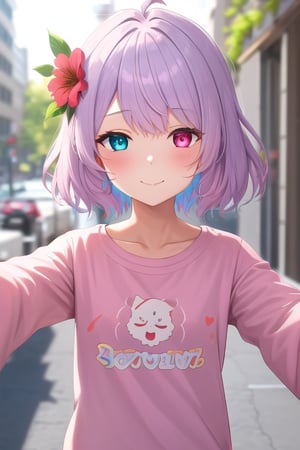 1girl, solo, looking at viewer, blush, smile, short hair, bangs, blue eyes, blonde hair, shirt, hair ornament, closed mouth, purple hair, red shirt, upper body, flower, ahoge, multicolored hair, frills,long sleeve, virtual youtuber, hair flower, gift, blue flower, colored inner hair,heterochromia, white sweater