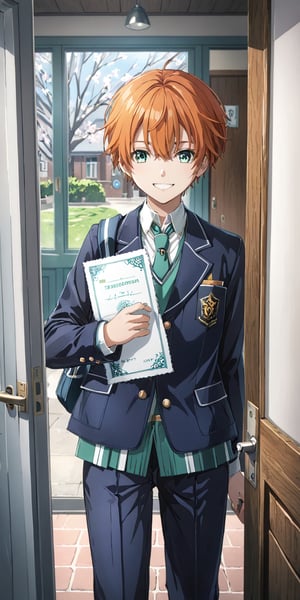 boy, Orange hair, green eyes , school_uniform,smile,At the door of his school, spring semester, holding a certificate 