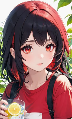 red inner hair,black hair,Tekeli,hold lemon water,saour face,cute,upper body,wear red shirt,red eyes,ADD MORE DETAIL