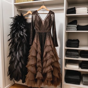  long brown party dress with glitter and long wave sleeve with alot of black feathers on it ,the dress hanging in closet
