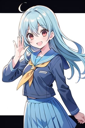  Perfect Beautiful Woman: 1.5, ((white background)), blue hair, (high school girl), alone, (Japanese school uniform), schooluniform,long skirt, beautiful girl, waving one hand, cute, Best Smile,red eyes 