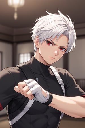 solo, short hair, shirt, gloves, 1boy, closed mouth, upper body, white hair, male focus, indoors, red eyes,fingerless gloves, black shirt, blurry background, white gloves, fighting stance