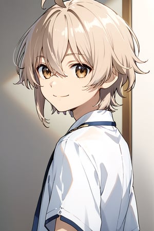 solo, looking at viewer, smile, bangs, light brown eyes, 1boy, hair between eyes, closed mouth, upper body, ahoge, white hair, male focus, looking back