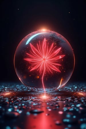 red flower glitter in water ball, night,shine, on air, realistic, high detailed, high quality, high resolution, professional photo