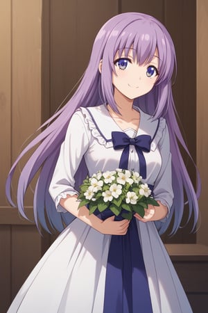 hold a flower, wear long dress,upper body,lise adoastella,smile, tachibana akane,long purple hair,smle