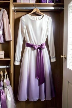 light half light white and half light purple dress with glitter and white belt, long sleeve, the dress Hanging in the closet