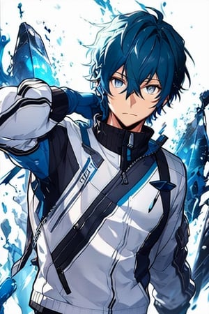 solo, looking at viewer, short hair, bangs, simple background, shirt, blue hair, gloves, long sleeves, 1boy, white background, hair between eyes, closed mouth, jacket, upper body, male focus, grey eyes, white jacket, adjusting clothes, blue gloves, adjusting gloves,JAR,Sage_Skyfall,Color Booster