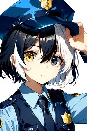 solo, looking at viewer, short hair, bangs, simple background, shirt, black hair, 1boy, hat, white background, hair between eyes, yellow eyes, upper body, white hair, male focus, multicolored hair, necktie, collared shirt, uniform, black eyes, two-tone hair, grey eyes, heterochromia, black necktie, blue headwear, police, police uniform, split-color hair, police hat