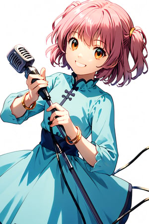 solo, looking at viewer, simple background, Orange eyes, 1girl, white background, wear aqua dress long sleeve,smile ,dark pink hair, female focus, , bracelet, hold microphone, microphone stand,