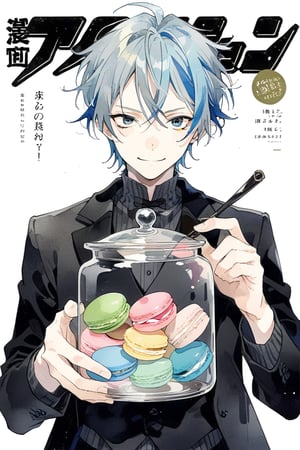 boy with 
Japanese animation style.
Black revolver. facing you.
Beautiful eyes.
Very detailed and quality illustration.
Simple background. White background.
,blue hair ,gray eyes 
upper body,black suite 
masterpiece, top quality, aesthetic, smile, ,tensura_style,hold macaron jar