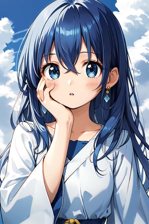 1girl, solo, long hair, looking at viewer, blush, bangs, blue  hair, long sleeve, hair between eyes, jewelry, collarbone, upper body, earrings, parted lips, sky, cloud, hand up, wide sleeves, blue sky, hand on own face,cute