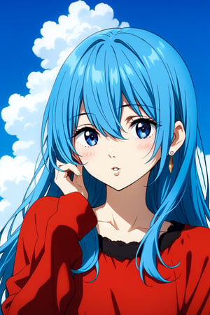 1girl, solo, long hair, looking at viewer, blush, bangs, blue eyes, aqua hair, long sleeves, hair between eyes, jewelry, collarbone, upper body, earrings, parted lips, sky, cloud, hand up,red dress ,long sleeves,