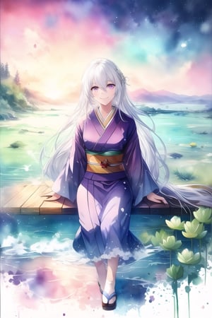 A woman sits by the shore,white hair ,drooping long hair,lotus,scenery,watercolor \(medium\),purple eyes,smile, wear red kimono,masterpiece, best quality, upper body ,close focus ,aesthetic,watercolor \(medium\),Chromaspots