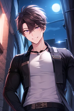 ultrahighres,masterpiece, best quality, Looking at viewer, 1boy, male_focus,,hair between eyes,spiky hair, short hair, upperbody, dark alley, night, from below, smile,Jude_Ares,Color Booster