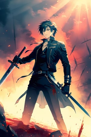 solo, black hair, gloves, 1boy, weapon, male focus, pantyhose, belt, sword, blood in background 