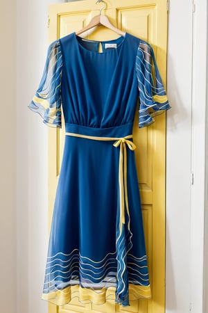 Short blue dress with short transparent sleeves, white and yellow wavy lines in the dress ,hanging in closet