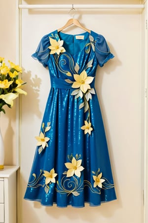 glitter blue dress with short  sleeves,flower and yellow wavy lines in the dress ,hanging in closet