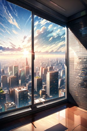 sky, cloud, indoors, no humans, window, building, scenery, sun day,sky, city, glass, cityscape, glass,window