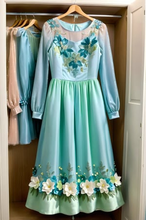 light half light blue and half light green dress with glitter and flowers, long sleeve, the dress Hanging in the closet