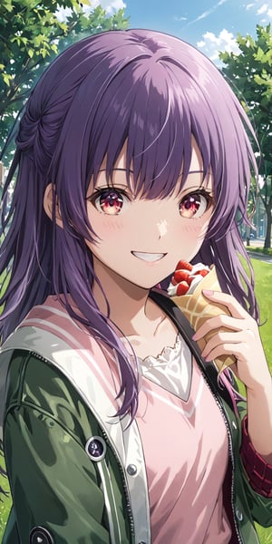 solo, looking at viewer, smile, long hair, bangs, purple hair, shirt, 1girl, red eyes, jacket,pink shirt, upper body, female focus, outdoors, day, grin, open jacket, tree, phone,hold crepe , cellphone, grass, smartphone,  jacket, phone screen,girl ,polka_shinoyama