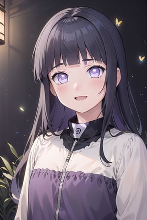 ((best quality)), ((masterpiece)), ((ultra-detailed)), extremely detailed CG, (illustration), ((detailed light)), (an extremely delicate and beautiful), a boy, solo, ((upper body,)), handsome,akane_yanagi,wear purple dress,look happy ,,look at the viewer , black background with stars,firefliesfireflies,hinata (shippuden)