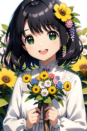 ,upper_body ,smile,
Cute girl, solo, smiling, mouth open, black hair, lomg hair ,light broen eyes,holding a board with flower . long sleeve,white dress, hair ornament,, simple background, oval shape behind the background, double exposure scene inside the oval shape, flowers, decorated thin frame,anime,fantasy girl,VNS_Add more details,Color,upper body