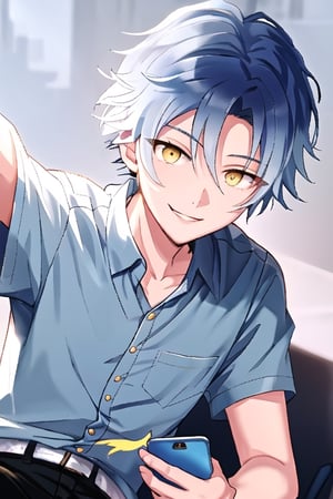 solo, looking at viewer, smile, short hair,white shirt,hold phone ,short sleeves, 1boy, light blue hair, male focus, black pants, , close focus ,male,masterpiece, yellow eyes,Nico
