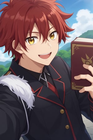 solo, smile, open mouth, 1boy, upper body, male focus, red hair, sky, day, cloud, uniform, book, selfie,reki kyan, yellow eyes, black jacket, messy hair