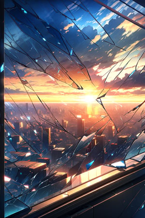 sky, cloud, indoors, no humans, window, building, scenery, sunset, city, glass, cityscape, broken glass, broken window