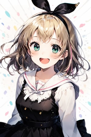 masterpiece, best quality, aesthetic,1girl,solo,((Kizuna AI)),brown hair,blonde hair band,aqua_eyes ,laughing,asakuranemu,upper body ,black dress with long sleeve 