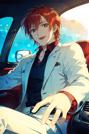 looking at viewer, smile, open mouth, bangs, red hair, shirt, red eyes, long sleeves, 1boy, hair between eyes,, jacket, upper body, male focus, , collared shirt,, white jacket ket, ground vehicle, motor vehicle, beads, car, car interior