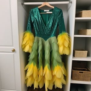  long green party dress with glitter and long wave sleeve with alot of yellow feathers on it ,the dress hanging in closet