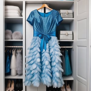 long blue party dress with glitter and short wave sleeve with alot of white feathers on it ,the dress hanging in closet