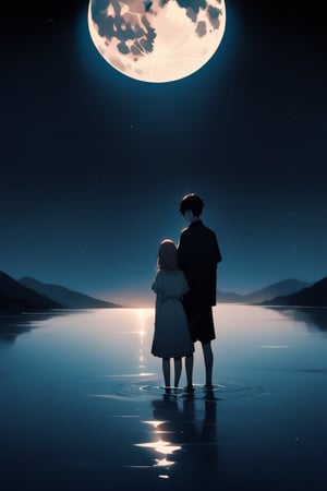 A girl and a boy standing in a lake at night, sadness, darkness, a shining moon 