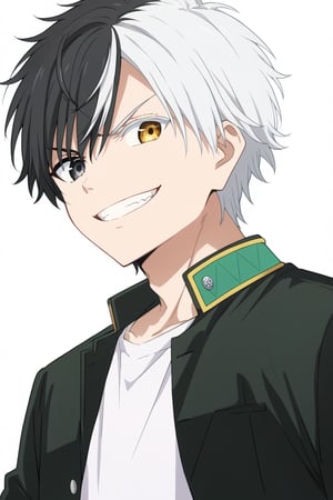 solo, looking at viewer, smile, short hair, bangs, simple background, shirt, black hair, long sleeves, 1boy, white background, brown eyes, jacket, yellow eyes, white shirt, upper body, white hair, male focus, multicolored hair, grin, black eyes, two-tone hair, black jacket, heterochromia, split-color hair,sakura haruka, split-color eyebrow, grey eyes,yellow streaked hair