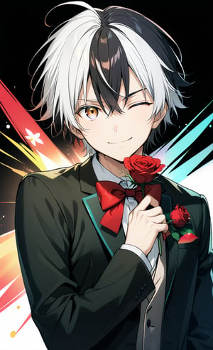 solo, looking at viewer, smile, simple background, shirt, red eyes, long sleeves, 1boy, white background, bow, holding, hair between eyes, jacket, white shirt, upper body, flower, ahoge, male focus, one eye closed, vest, red bow, rose, transparent background, formal, suit, hand on own chest, red flower, blue rose, holding flower, split-color hair,sakura haruka, white hair, black hair, split-color eyebrow, heterochromia, yellow eyes, grey eyes, two-tone hair