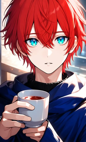 solo, looking at viewer, short hair, bangs, blue eyes, 1boy, hair between eyes, red hair, male focus, parted lips, aqua eyes, cup, portrait, holding cup