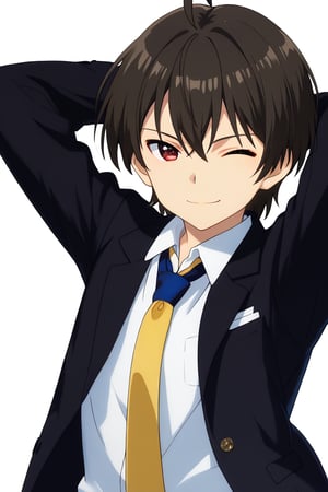 solo, looking at viewer, smile, short hair, bangs, simple background, shirt, black hair, long sleeves, 1boy, white background, bow, hair between eyes, closed mouth,red eyes, jacket, white shirt, upper body, ahoge, male focus, one eye closed, open clothes, collared shirt, pants, open jacket, black jacket, dress shirt, yellow tie, formal, suit, arm behind head, ;\), blue bowtie