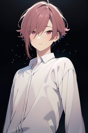 ((best quality)), ((masterpiece)), ((ultra-detailed)), extremely detailed CG, (illustration), ((detailed light)), (an extremely delicate and beautiful), a boy, solo, ((upper body,)), handsome,akane_yanagi,wear black shirt and white pants ,look cool ,look at the viewer , black background with stars