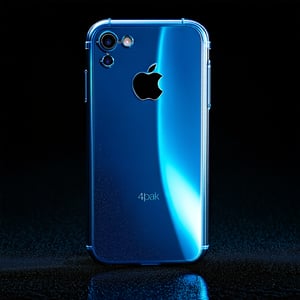 A 3D Apple phone majestically sits on a velvety black background, its glossy surface reflecting soft ambient light with photorealistic precision. The realistic lighting highlights every contour, emphasizing the phone's cutting-edge technology and minimalist design. Framed by a shallow depth of field, the blue cover with glitter appears vibrant and almost palpable against the dark backdrop.