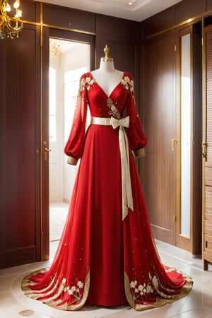 A stunning red gown with intricate embroidery of small stars and a white rose patterned belt glimmering with gold accents, hangs elegantly on the closet door. The floor-sweeping sleeves and beautiful decorations catch the soft light, illuminating its shine, as if waiting for the perfect occasion to be worn.