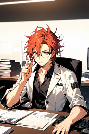 male ,red hair ,messy_hair,Orange eyes ,black cool cloth ,white coat,look cool , hold glasses ,in office ,