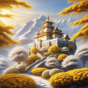 a big yellow white castle ,in snow mountain ,inmorning, close focus,color flower ,peace place,light 