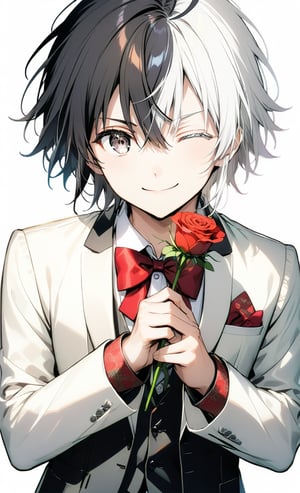 solo, looking at viewer, smile, simple background, shirt, red eyes, long sleeves, 1boy, white background, bow, holding, hair between eyes, jacket, white shirt, upper body, flower, ahoge, male focus, one eye closed, bowtie, vest, red bow, rose, transparent background, formal, suit, hand on own chest, red flower, red rose, holding flower, split-color hair,sakura haruka, white hair, black hair, split-color eyebrow, heterochromia, yellow eyes, grey eyes, two-tone hair