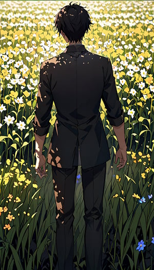 solo, 1boy, flower, male focus, outdoors, from behind, shadow ,field, flower field, fake screenshot, user interface