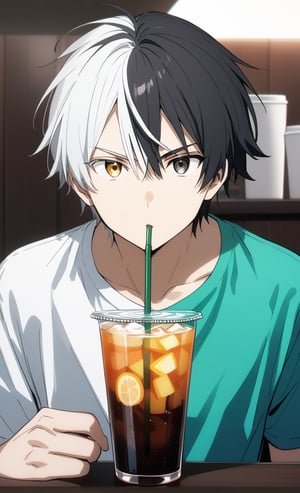 solo, looking at viewer, b1boy, male focus, black eyes, cup, heterochromia, drinking straw, drinking،, yellow eyes,sakura haruka, split-color hair, black hair, white hair, split-color eyebrow,wear shirt,upper body