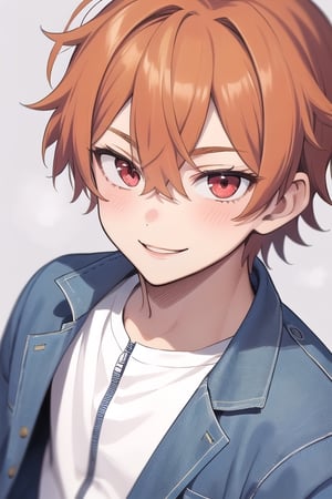 solo, looking at viewer, smile, 1boy, hair between eyes, , smile, red eyes, orange hair, male focus, wear blue shirt , white pants, portrait,manga