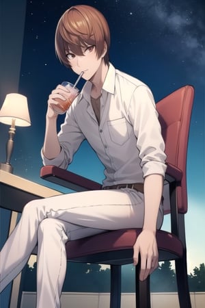 Kanuma,sit on chair drink ice soda ,the sky at night ،shining ,look relax, wear light shirt and white pant ,light_yagami